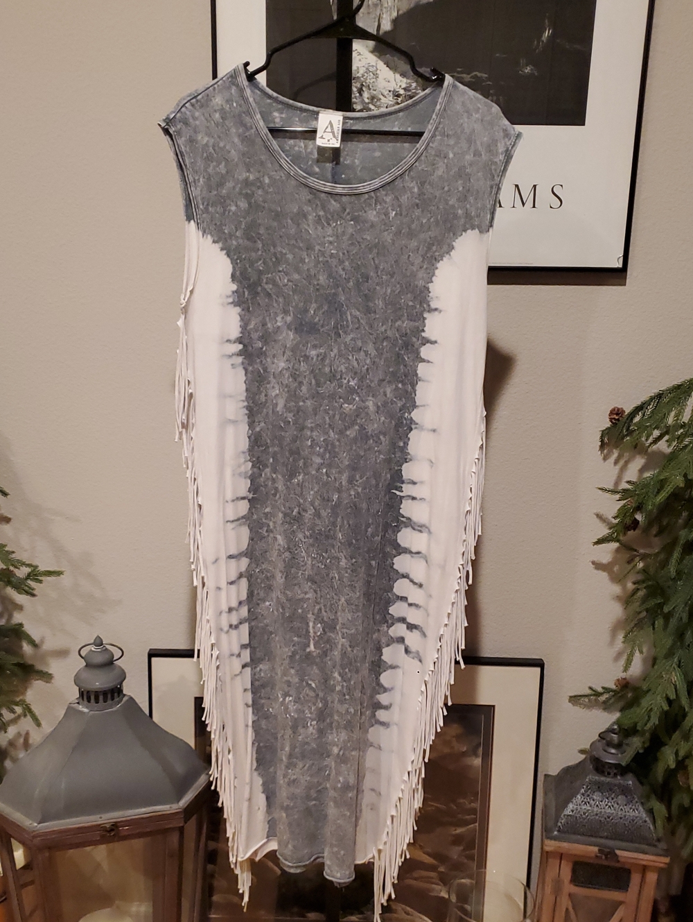 #60 American Age Grey & White Fringe Maxi Tunic Dress